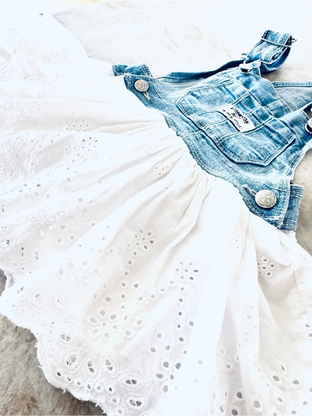 OshKosh B’gosh Baby Girl Dress 12M Denim Eyelet Lace White Cotton Sundress